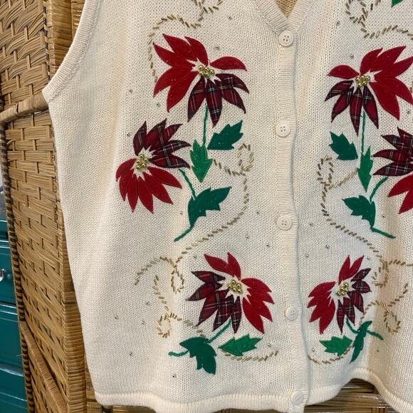 Vintage Bobbie Brooks Christmas Sweater Vest XL Poinsettia Embroidered Ramie - Picture 5 of 6
